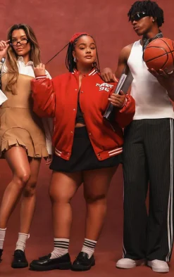 Plus Red Quilted Faux Leather Sleeve Oversized Varsity Bomber Jacket