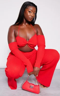 Plus Red Rib Knit Bardot Tie Neck Top