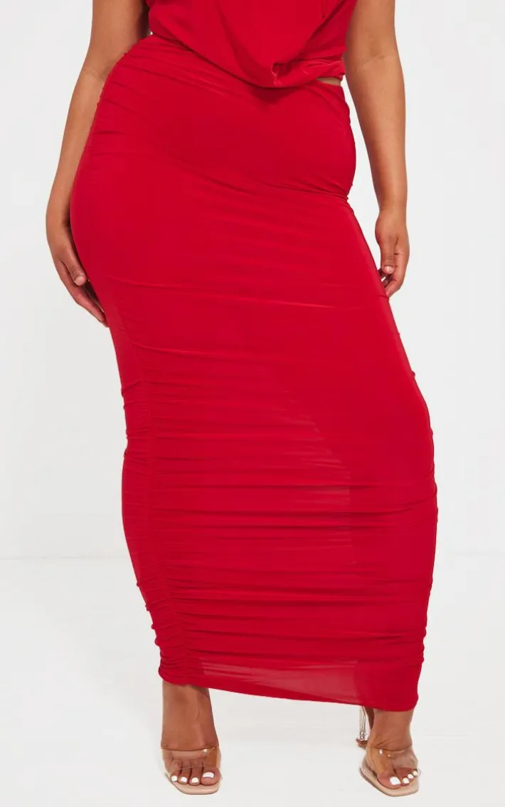Plus Red Ruched Midaxi Skirt