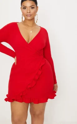 Plus Red Ruffle Detail Wrap Dress