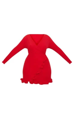 Plus Red Ruffle Detail Wrap Dress