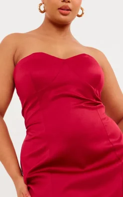 Plus Red Satin Bandeau Cup Detail Mini Dress