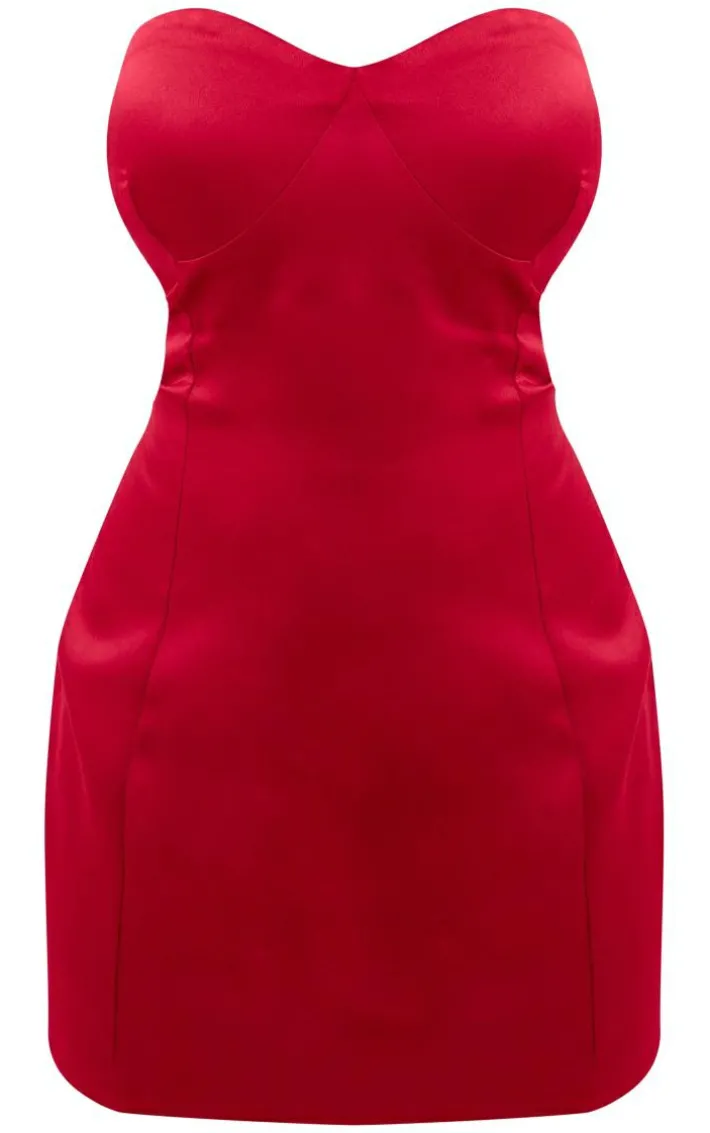 Plus Red Satin Bandeau Cup Detail Mini Dress