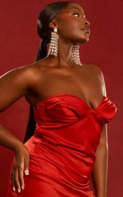 Plus Red Satin Ruched Bust Side Split Maxi Dress