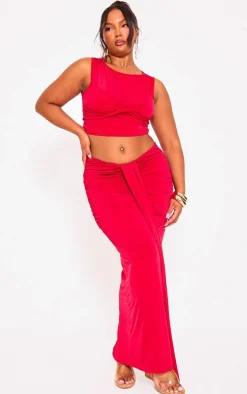 Plus Red Slinky Drape Detail Maxi Skirt