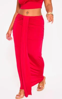 Plus Red Slinky Drape Detail Maxi Skirt