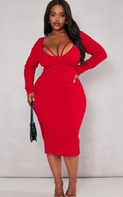 Plus Red Strap Detail Long Sleeve Midi Dress