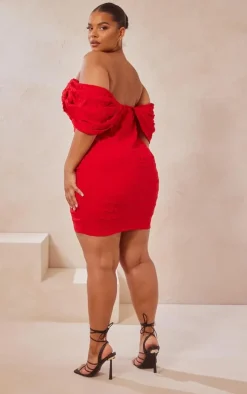 Plus Red Textured V Bar Bodycon Dress