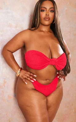 Plus Red Tie Front Ribbed Bandeau Bikini Top