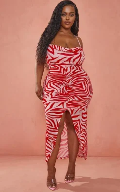 Plus Rose Devore Ruched Cowl Neck Midi Dress