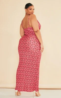 Plus Rose Floral Printed Plisse Cowl Neck Maxi Dress