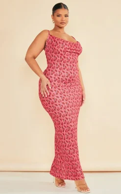 Plus Rose Floral Printed Plisse Cowl Neck Maxi Dress