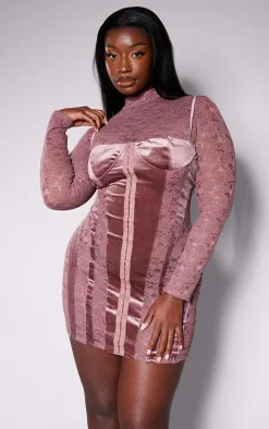Plus Rose Pink Lace High Neck Velvet Detail Mini Dress