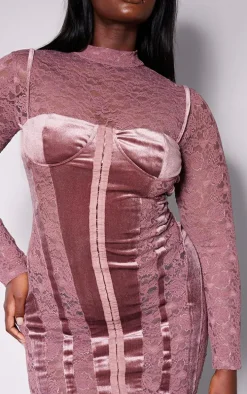 Plus Rose Pink Lace High Neck Velvet Detail Mini Dress