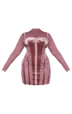 Plus Rose Pink Lace High Neck Velvet Detail Mini Dress