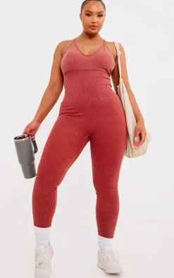 Plus Rust Acid Wash Seamless Rib Strappy Long Unitard