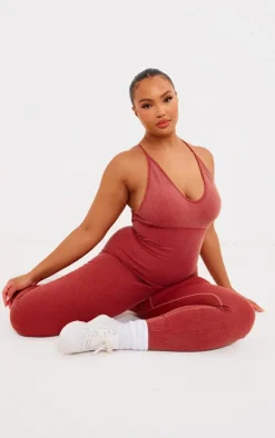 Plus Rust Acid Wash Seamless Rib Strappy Long Unitard