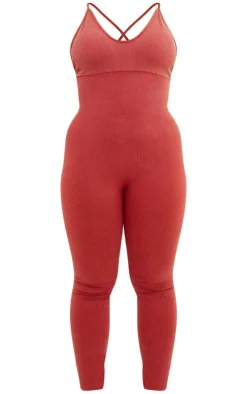 Plus Rust Acid Wash Seamless Rib Strappy Long Unitard