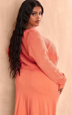 Plus Rust Contrast Stitch Knitted Long Sleeve Top