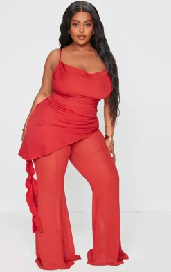 Plus Rust Cowl Neck Long Overlay Jumpsuit