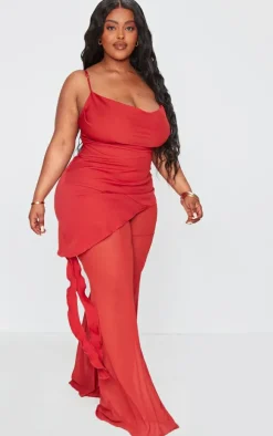 Plus Rust Cowl Neck Long Overlay Jumpsuit