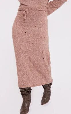 Plus Rust Distressed Knit Foldover Waistband Midi Skirt