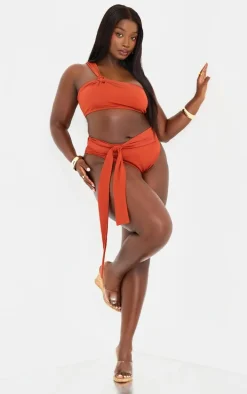 Plus Rust High Leg Knot Detail Bikini Bottoms