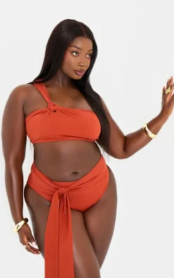 Plus Rust High Leg Knot Detail Bikini Bottoms