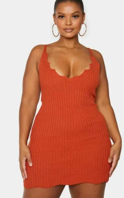 Plus Rust Knit Scallop Edge Detail Bodycon Dress
