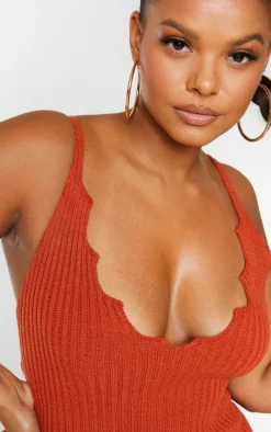 Plus Rust Knit Scallop Edge Detail Bodycon Dress