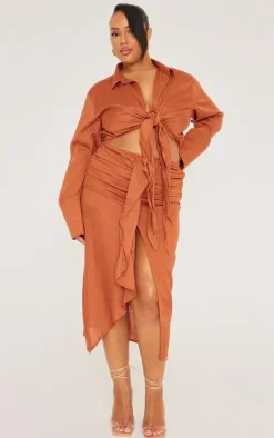Plus Rust Linen Look Drape Front Midi Skirt