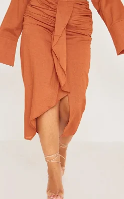 Plus Rust Linen Look Drape Front Midi Skirt