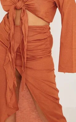 Plus Rust Linen Look Drape Front Midi Skirt