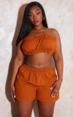 Plus Rust Linen Look Ruffle Hem Bandeau Crop Top