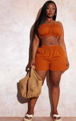 Plus Rust Linen Look Ruffle Hem Bandeau Crop Top