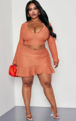 Plus Rust Textured Frayed Detail V Neck Long Sleeve Top