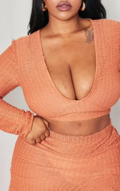 Plus Rust Textured Frayed Detail V Neck Long Sleeve Top