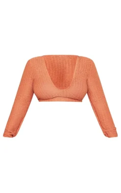 Plus Rust Textured Frayed Detail V Neck Long Sleeve Top