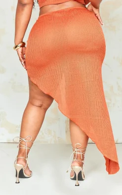 Plus Rust Textured Knit Ruched Midi Skirt