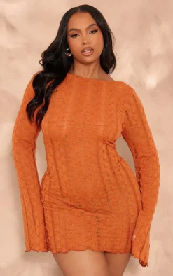 Plus Rust Textured Laddered Flare Sleeve Scoop Back Shift Dress