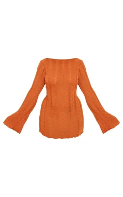 Plus Rust Textured Laddered Flare Sleeve Scoop Back Shift Dress