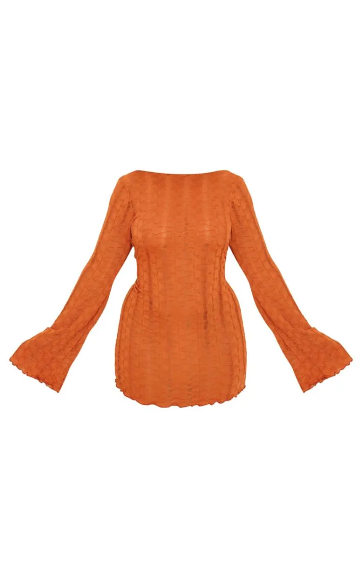 Plus Rust Textured Laddered Flare Sleeve Scoop Back Shift Dress