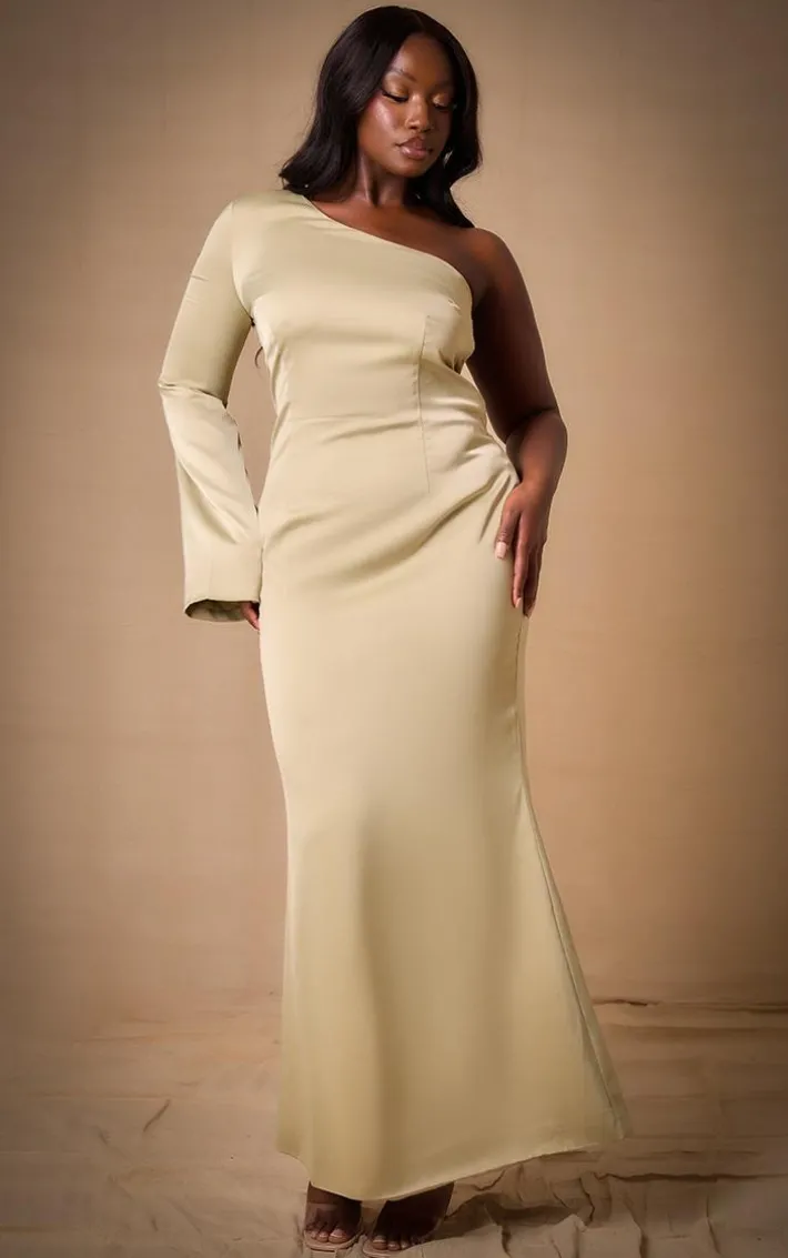 Plus Sage Bridesmaid Satin One Shoulder Flared Sleeve Maxi Dress