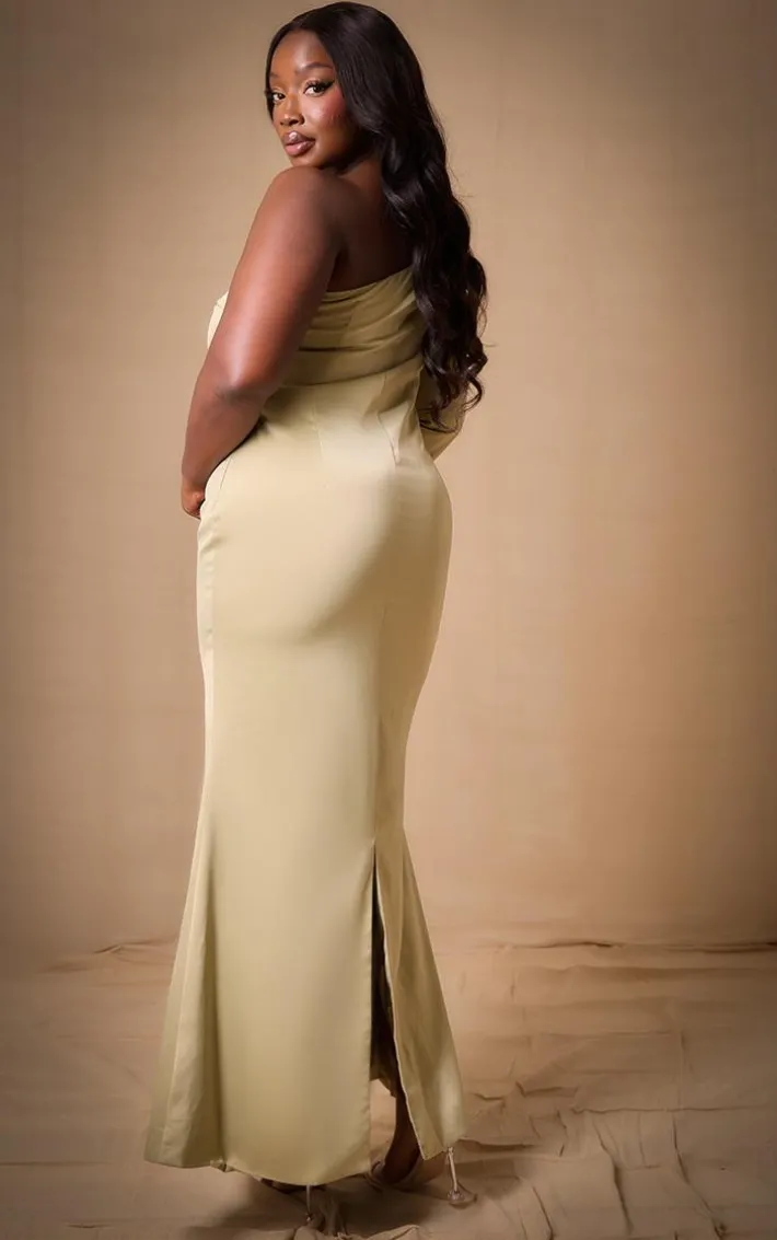Plus Sage Bridesmaid Satin One Shoulder Flared Sleeve Maxi Dress