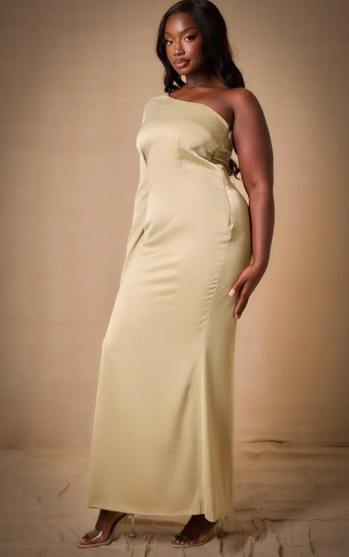 Plus Sage Bridesmaid Satin One Shoulder Flared Sleeve Maxi Dress
