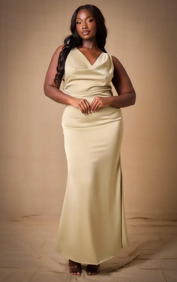Plus Sage Bridesmaid Satin Cowl Neck Extreme Maxi Dress