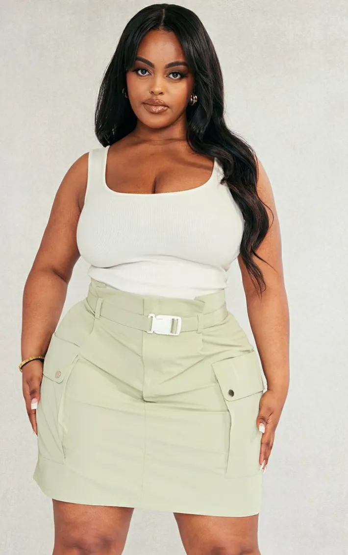 Plus Sage Green Belted Cargo Mini Skirt