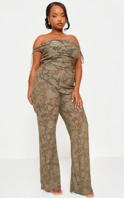 Plus Sage Green Devore Shoulder Tie Jumpsuit