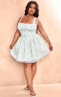 Plus Sage Green Jacquard Ruched Cup Detail Shift Dress