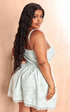 Plus Sage Green Jacquard Ruched Cup Detail Shift Dress